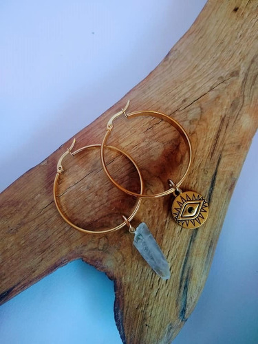 Imagen 1 de 1 de Argollas Acero Dorado 3.5 Cm Con Cuarzo Cristal