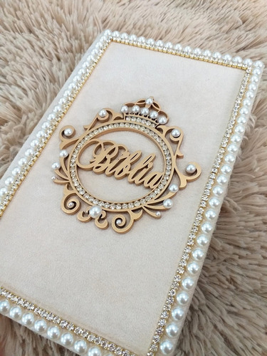 Imagem 2 de 10 de Bíblia Decorada Católica Veludo Bege Brasão Luxo