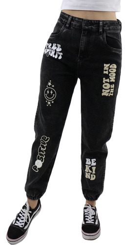 Jeans Mujer Jogger Denim Estampado Negro Deslavado Moderno 