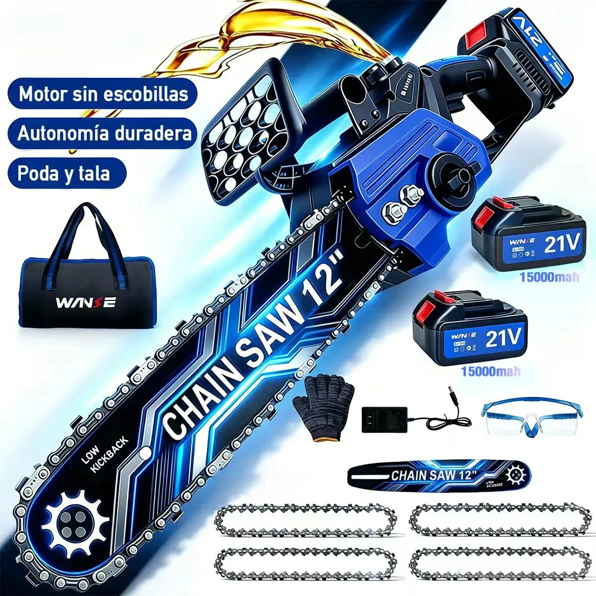 Motosierra Inalámbrica WANSE de 12 Pulgadas, con Baterías de 21V y Lubricación Automática