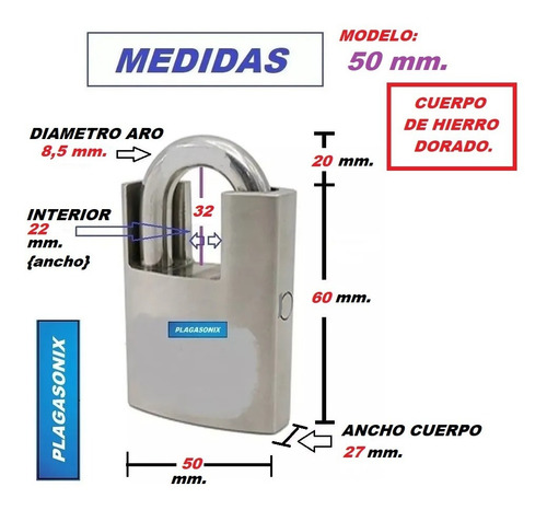 Imagen 2 de 10 de Candado Blindado 50mm 4 Llaves Doble Traba Hierro Dorado
