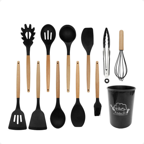 Kit 12 Utensílios Cozinha Silicone Cabo Madeira 6 Cores