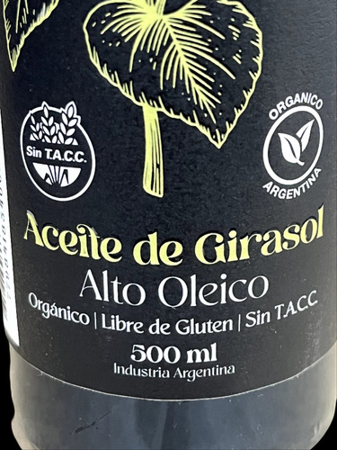 Aceite De Girasol Alto Oleico Orgánico El Cencerro 500 Ml