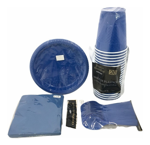 Kit Pastel Merienda P 20 Desechables Azul Rey Plato Vaso Ser