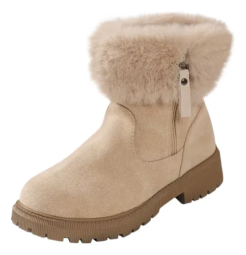 Botas De Nieve Peludas De Invierno Con Punta Redonda Y Crema