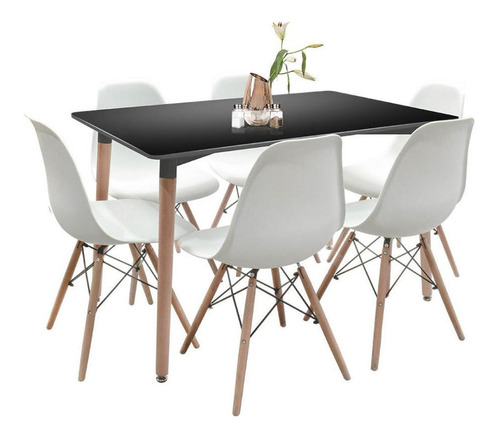 Comedor Mesa Rectangular Negra + 6 Sillas Eames Blancas