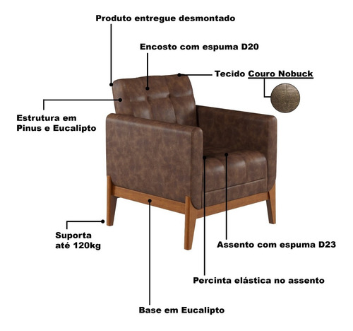 Poltrona Com Base De Madeira Brooks Nobuck Marrom