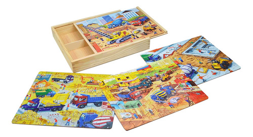 Puzzles De Madera 4 En 1 Para Vehculos De Construccin En Caj