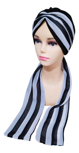 Turbante Para Mujer Gorro Algodón /banda De Shifon-mascada Color Negro Rayas