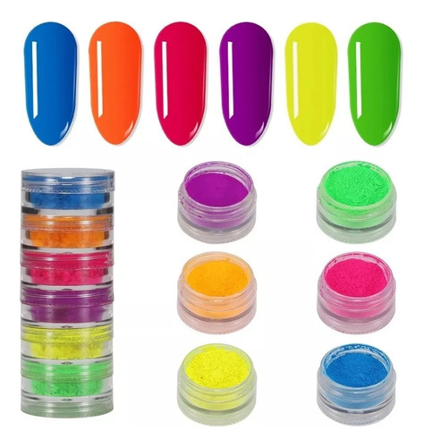 Kit 6 Pó Neon Fluorescente Glitter Manicure Decoração Unhas Cor 6 Cores