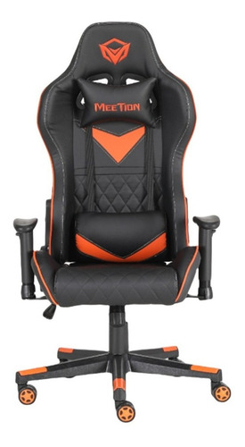 Silla de escritorio Meetion CHR14 MT-CHR14 gamer ergonómica  negra y naranja con tapizado de cuero sintético