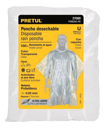 Impermeable Desechable Unitalla Con Capucha Pretul