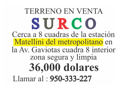 Terreno Interior En Zona Residencial Surco - Lima