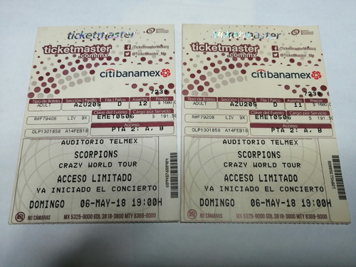 Boletos Coleccion Scorpions Crazy World Tour 2019 Gdl (Usado)