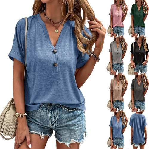 Blusa Casual De Moda Con Cuello En V Y Manga Enrollada