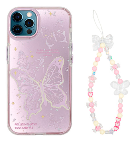 Protector iPhone 12/12 Pro Diseño Mariposas Rosa Con Correa