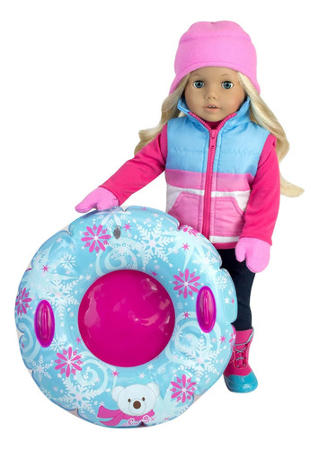 Juego De 4 Piezas De Invierno Para Muñecas De 18 , Con Chaleco De Rayas Azul, Blanco Y Rosa, Gorro Y Guantes Rosa De Forro Polar