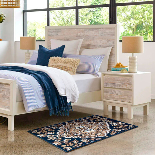 Imagen 2 de 7 de Alfombra Clasica Pie O Costado De Cama 50x80 Medallon Azul