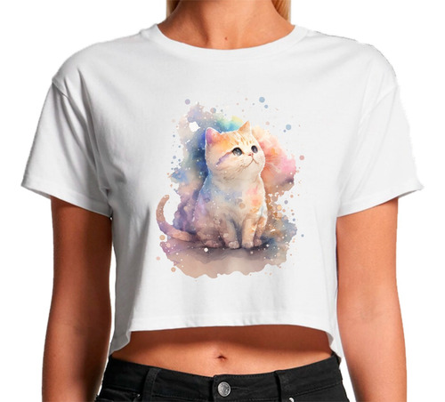 Playera Crop Top Mujer Ombliguera Sport Gatito Acuarela