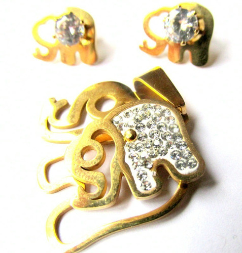 Set De Acero Dorado Y Strass/dije Cadena Caravanas/elefante