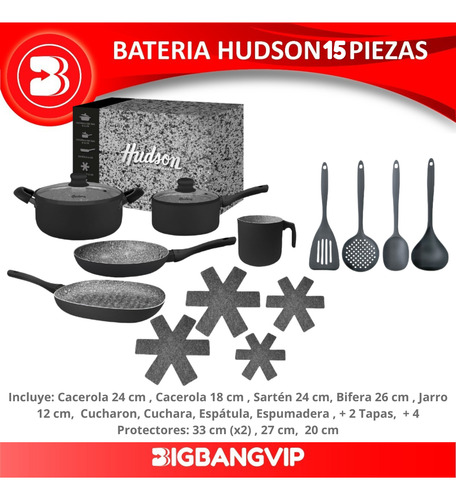 Bateria De Cocina Black Granite 15 Piezas Utensilios Pot