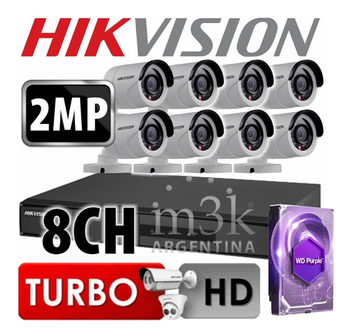 Kit Seguridad Hikvision Full Hd Dvr 8 + Disco 1 Tb Instalado + 8 Camaras 2mp 1080p Exterior Infrarrojas + Ip M3k