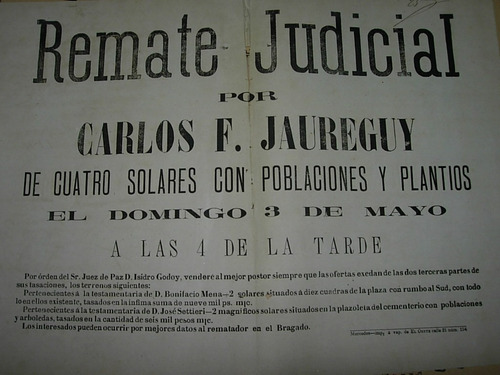 Antiguo Cartel Remate Judicial Jauregui Mercedes 4 Solares