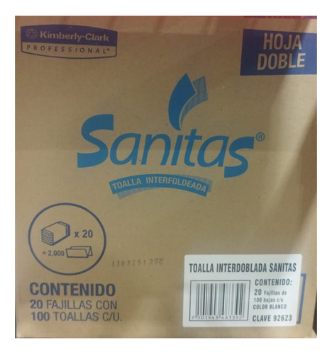 Toalla Interdoblada 20 Fajillas, 100 C/u Sanitas