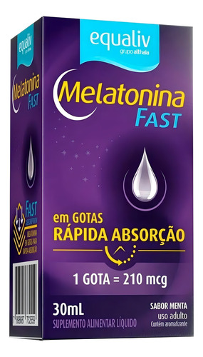 Suplemento para dormir Equaliv, melatonina, gotas de absorción rápida, 30 ml, 210 mcg, para un sueño reparador y profundo, sabor a menta en una botella