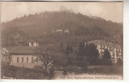 Antigua Postal Glion Montreux Suiza Vista Iglesia Y Hotel