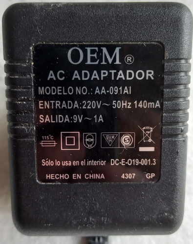 Trafo Oem Mod Aa-091ai Input: 220v 50hz 140ma Output: 9v-1 A (Usado)