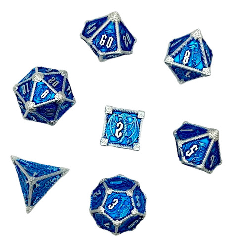 Juego De 7 Dados Poliédricos Metálicos - Azul Y Plateado