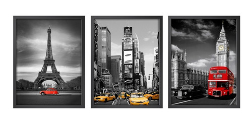 Quadro Nova York Paris Londres Cidades Torre Sala Kit C/ 3