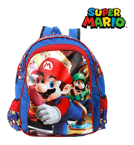 Mochila Escolar Infantil Jogo Mario Bros De Costas Cor Azul Desenho do tecido Liso