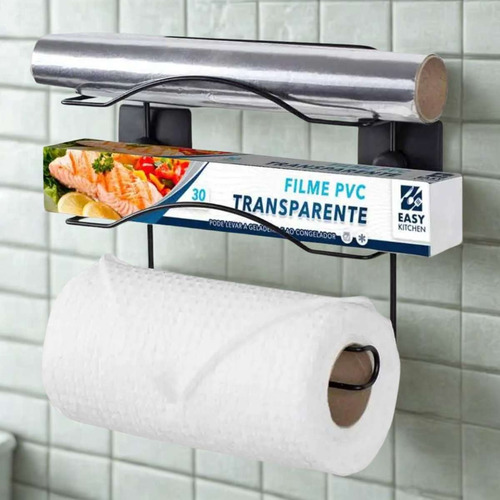 Porta Papel Cozinha 3 Em 1 Parede Fixação C/ Dupla Face 3m Preto
