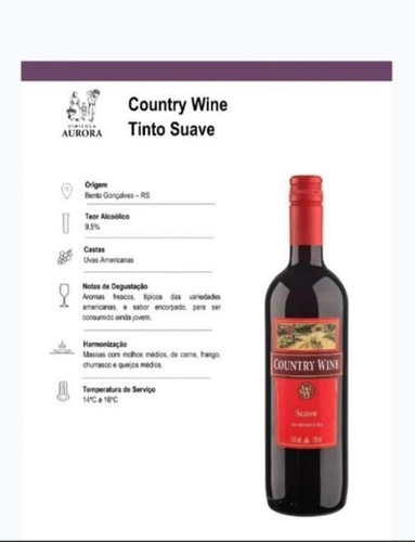 Vinho Country Wine Tinto Suave/doce 750ml - 01 Unidade