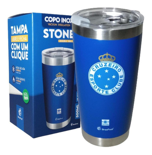 Copo Térmico Cruzeiro Stone Oficial Com Tampa Parede Dupla