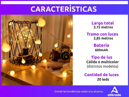 Imagen 4 de 10 de Guirnalda Luces 20 Led Cálidas Color 3 Mts Control 8 Modos