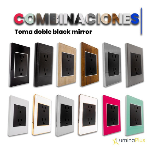 Imagen 6 de 7 de Toma Corriente Doble Negra Black Mirror Placas De Colores