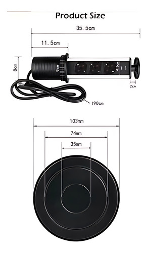 Torre Enchufe Chileno Eu 3 Enchufes 2 Usb Retráctil Muebles