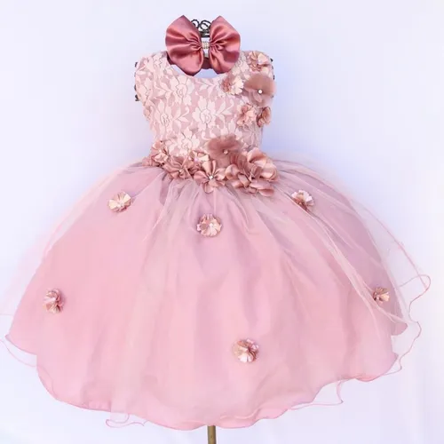 Vestido Infantil Festa Luxo Tema Bailarina Rosa E Coroa