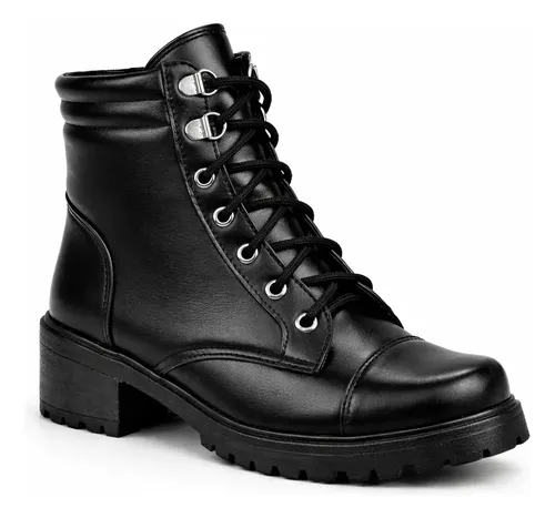 Bota Coturno Salto Baixo Aplicação Metal Preto