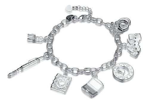 Imagen 5 de 6 de Pulsera Plata 925 Con Dijes Calculadora, Lapicera, Contador