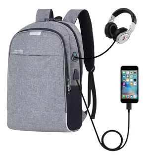 Mochila Anti Furto Notebook Saida Cabo Aux Usb Fone Ouvido Cor Cinza