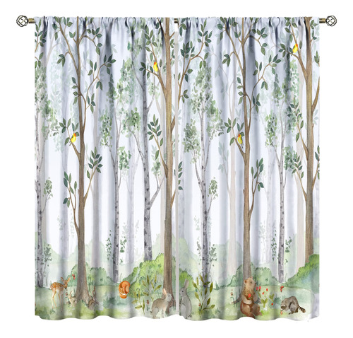 Cortinas De Animales Para Ninos, Acuarela De Bosque Natural,