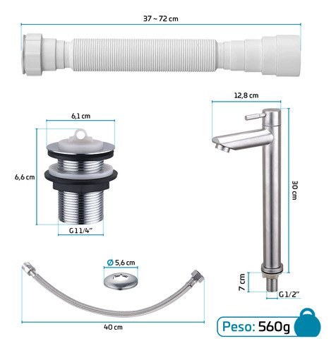 Kit Para Banheiro Torneira Bica Alta Aço Escovado + Válvula 1 1/4 Metal Cromada + Engate Flexivel + Sifão Beltempo