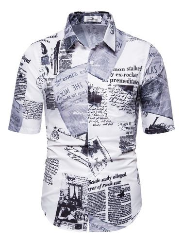 Camisa Vintage Masculina Casual Com Estampa De Jornal Com Es