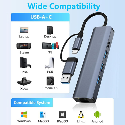 Hub Dock Adaptador Usb-c Usb-a 5 En 2 Compatible Con Mac Pc