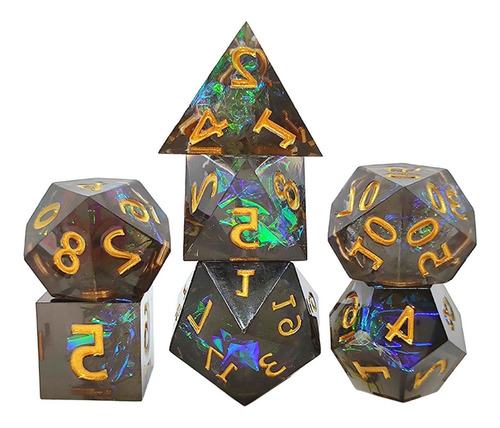 7 Piezas De Dados Poliédricos De Resina Juego Negro Dorado