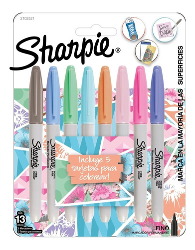 Marcador Sharpie Fino X8 Tropical Colores Pastel + Tarjetas